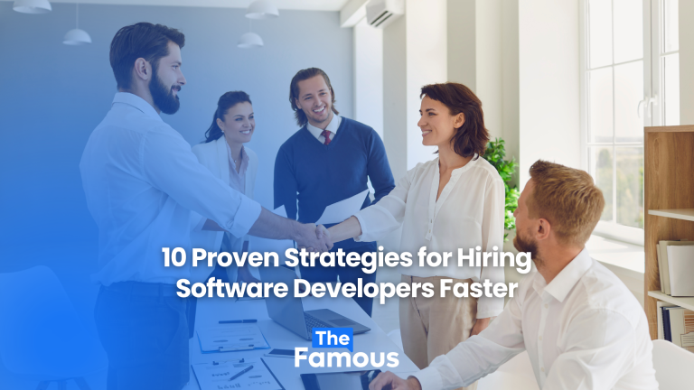 "Recruiter using a laptop to review resumes with icons of coding languages and developer profiles, representing fast and efficient software developer hiring strategies."