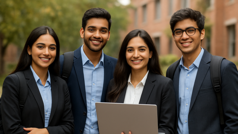 Group of indian young students of college starting business