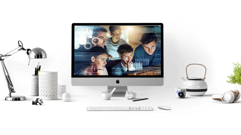 SME HRMS interface showing payroll, attendance, and performance dashboards on mobile and desktopwith mac laptop and white background